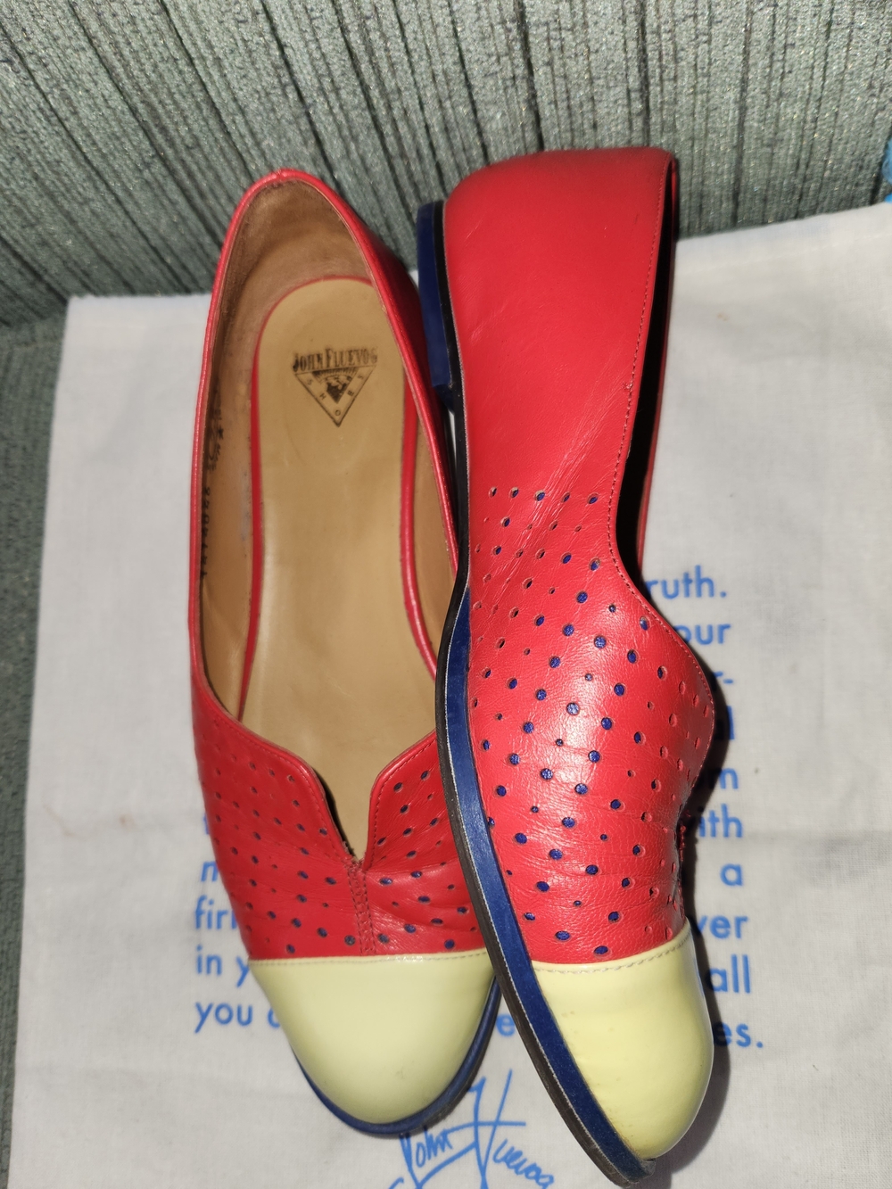 🍉John Fluevog Red Flats with Cream Cap Toe - Picture 3 of 7